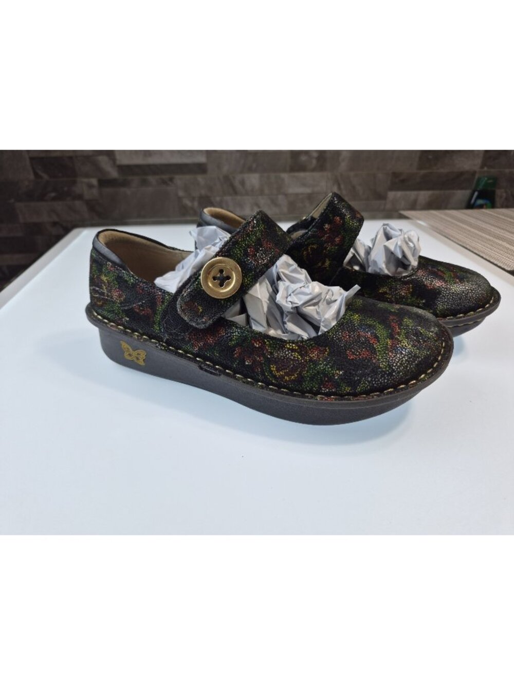 Alegria by PG Lite PAL-315 Mary Jane Clogs Floral Leather Nurse Shoes Size 37